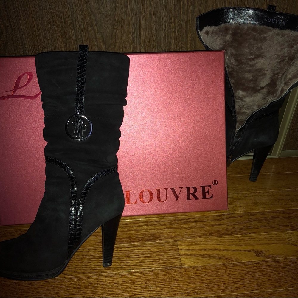 Black Suede Heeled Boots for Women Size 8
